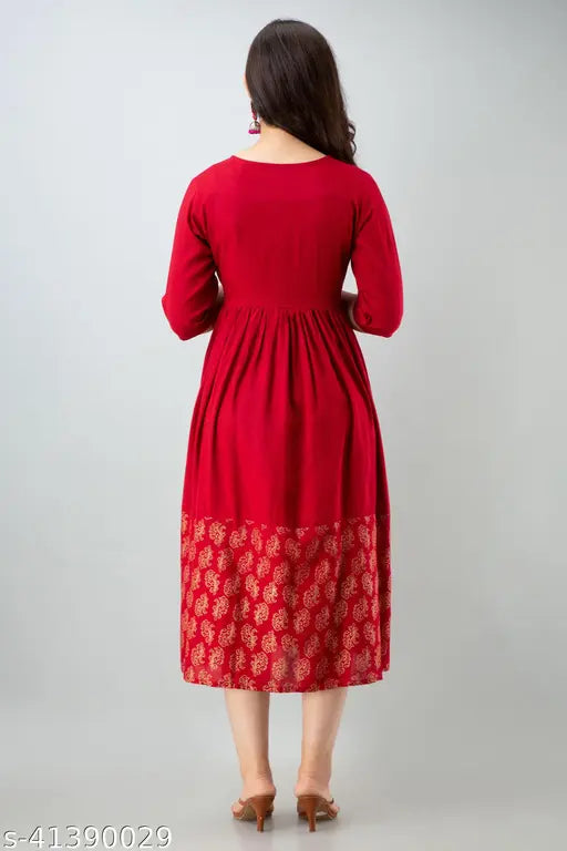 Red flared printed rayon kurta with three-quarter sleeves, Indian women's fashion