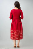 Red flared printed rayon kurta with three-quarter sleeves, Indian women's fashion