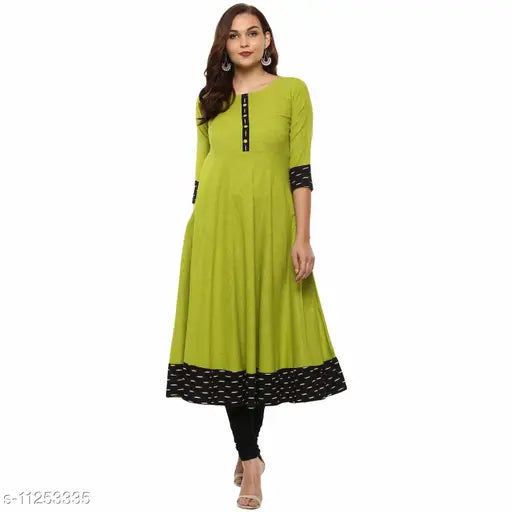 Women's solid cotton blend anarkali kurti, three-quarter sleeves, self-design, Indian origin