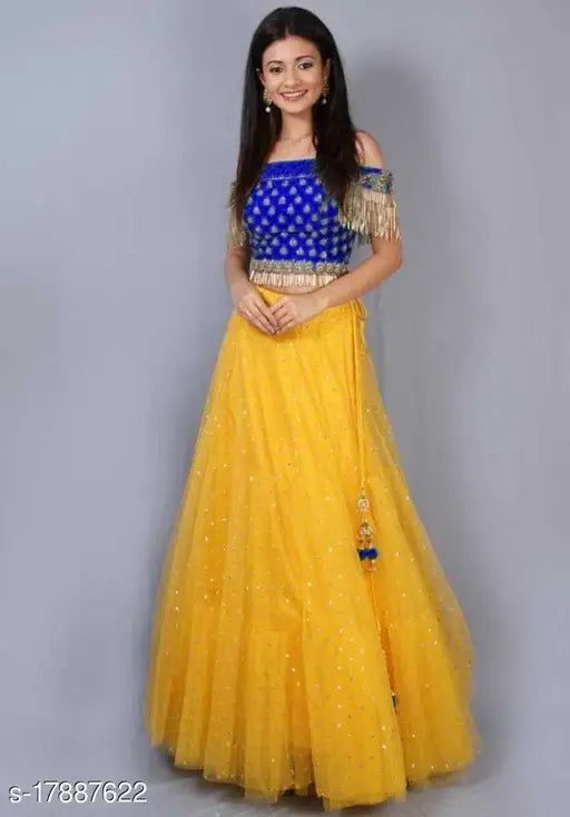 Embroidered satin-net lehenga with lace dupatta, latest Bollywood workwear for women, India" (103 characters)