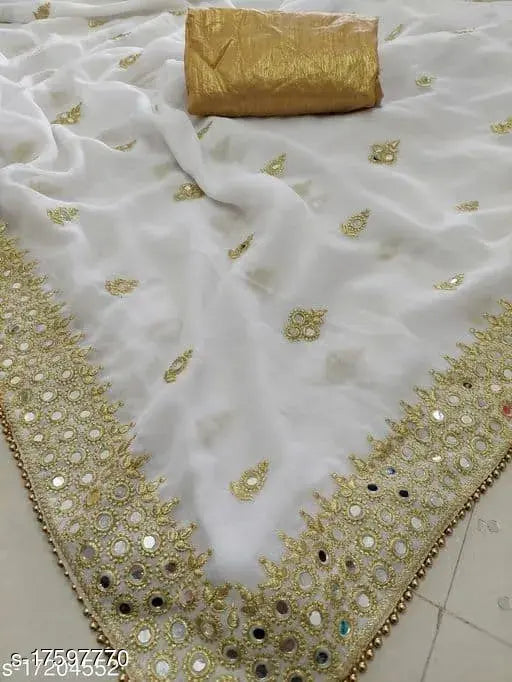 Fabulous Roshni Mirror Work Georgette Saree with Separate Dupion Silk Blouse, Indian embellished saree on mannequin
