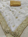 Fabulous Roshni Mirror Work Georgette Saree with Separate Dupion Silk Blouse, Indian embellished saree on mannequin