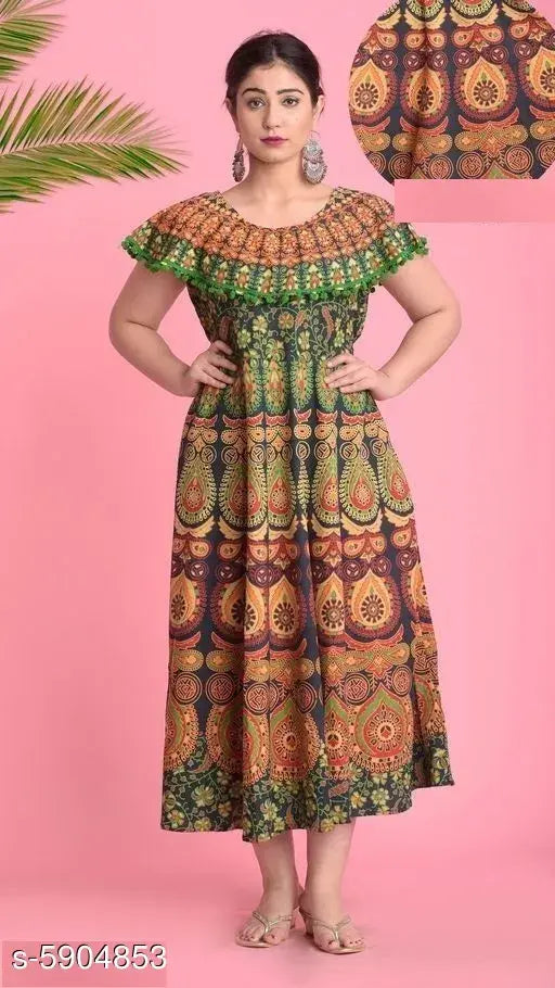 Women's cotton flared cape kurti, short sleeves, printed combo, XL (bust 40in, length 45in), India