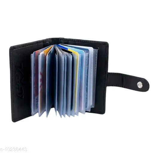 Black genuine leather RFID-blocking card holder for men and women with 18 slots (Black), featuring five compartments