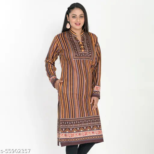 Multicolor woolen A-line kurta for women, printed and long sleeved. Hand wash only. Perfect for daily wear and festive occasions. Grey color, formal yet comfortable design. Made in India