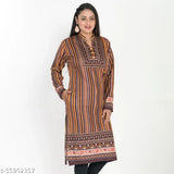 Multicolor woolen A-line kurta for women, printed and long sleeved. Hand wash only. Perfect for daily wear and festive occasions. Grey color, formal yet comfortable design. Made in India