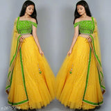 YellowGreen net semi-stitched Maliya lehenga choli & dupatta with embroidery and lace, Indian bridal wear on display stand