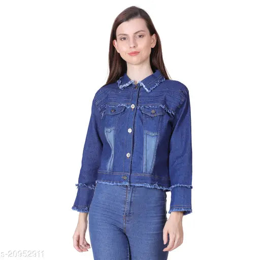 Denim classic glamorous waistcoat for women, solid pattern, long sleeves, size L from India
