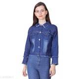 Denim classic glamorous waistcoat for women, solid pattern, long sleeves, size L from India