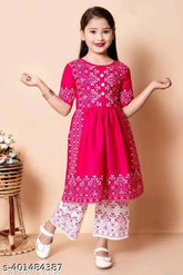 Pink cotton blend three-quarter sleeves round neck printed top & palazzo set for beautiful kids, festive party wear on display