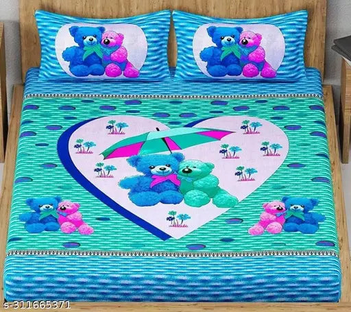 Cartoon printed cotton Jaipuri bedsheet, double queen size with 2 pillow covers. Soft and plush, ideal for summer and kid's rooms. Vibrant cartoon design originates from India
