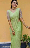 Shimmer Georgette saree, solid pattern with embellished net blouse, free size Indian traditional attire