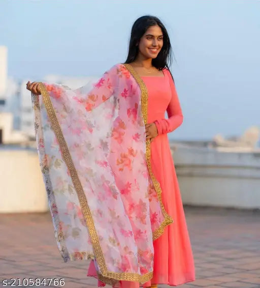 Pink Georgette women's gown with full ghera anarkali and printed duppatta, three-quarter sleeves, new arrival brand Consept, India