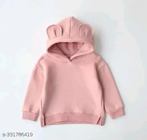 Trandy solid unisex cotton fleece ear hoodie for kids, long sleeve with funny cap, India origin