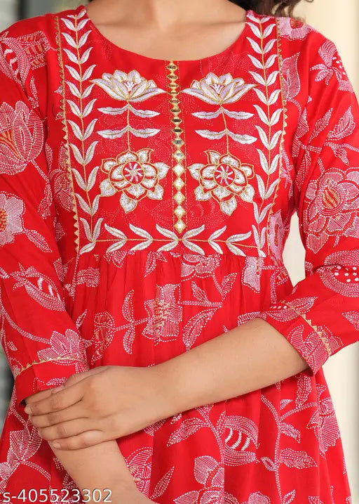 Red floral print rayon anarkali kurta, three-quarter sleeves, embroidered, new women's long dress