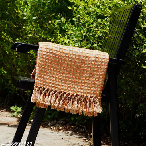Orange Beige waffle throw with checked pattern and floral border, high-quality cotton net fabric, 50" x 70", India origin