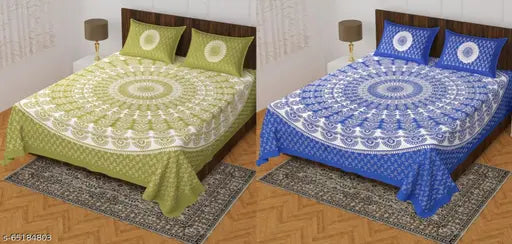 White Jaipuri-patterned cotton double bedsheets combo pack (2 sets, 4 pillow covers), ideal for adults in queen size. Made in India