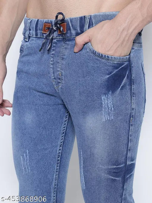 Blue denim men's regular fit jogger for casual and party wear, size 26/28/30/32. Solid pattern, ideal with t-shirt or shirt. Made in India
