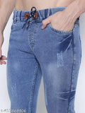 Blue denim men's regular fit jogger for casual and party wear, size 26/28/30/32. Solid pattern, ideal with t-shirt or shirt. Made in India