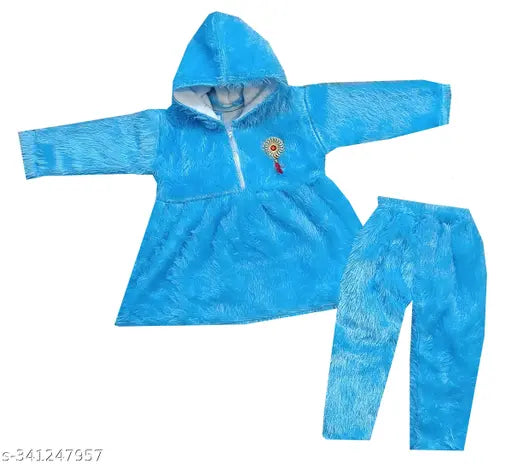 Woolen baby girls winter hoody pyjama in solid color, perfect for upcoming season. Soft fur base, sizes from 0-3 months to 12-18 months