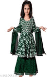 Green Rayon Kurta Sharara Set with Embroidered Dupatta and Three-Quarter Sleeves for Baby Girl, India origin