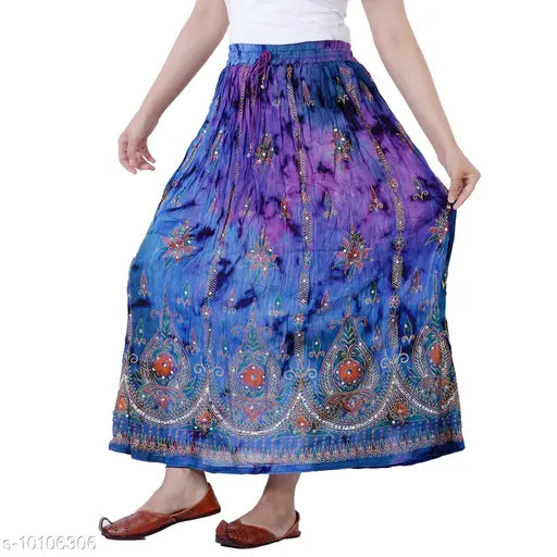 Stylish, ethnic tie-dye print high waist rayon flared skirt in free size, India origin