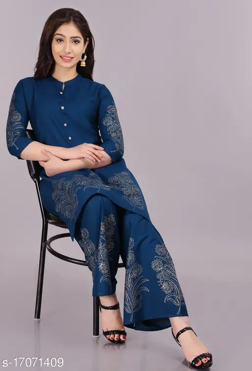 Rayon hand-block gold print kurti-palazzo set for women, Indian-made rayon kurti with three-quarter sleeves and palazzo bottoms in various sizes