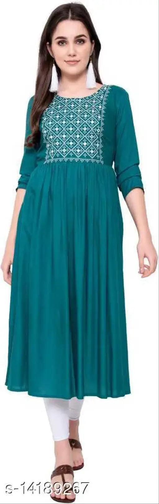 Embroidered rayon kurti, three-quarter sleeves, Indian traditional fashion