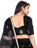 Black Satin and Net Embroidered Work Lehenga Choli for Women, featuring Jari embroidery on the lehenga and heavy embroidery on the choli. Semi-stitched style with a dupatta made from net fabric, length 2.1m. Dry clean only, origin India