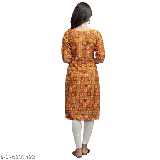 Multicolor ethnic motif printed crepe straight kurti for women with three-quarter sleeves, available in sizes S-XXL