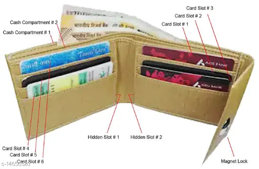 Beige PU leather men's wallet with magnet lock, features 2 compartments and free size (11cm x 9cm), made in India