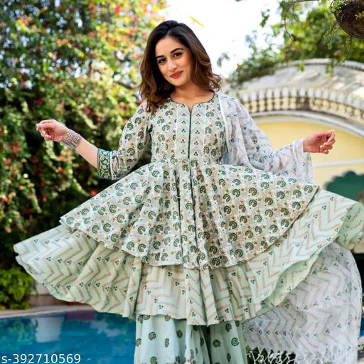 Cotton Anarkali Sharara Set - Printed Indian designer dupatta with bottomwear and kurta for women's sizes S-XXL