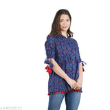 Cotton three-quarter sleeve printed tunics for women, stylish feminine tops from India