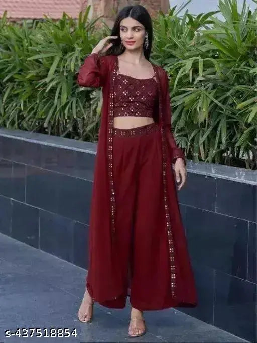 Georgette crop top with plazoo bottom, embroidered mirror work, ZARINA heavy design - India origin