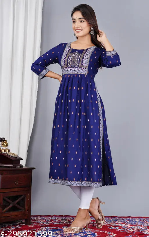 Blue rayon Aline Kurta with floral print, three-quarter sleeves - ideal for weddings & parties. Perfect for casual wear too. Made in India." (125 characters)