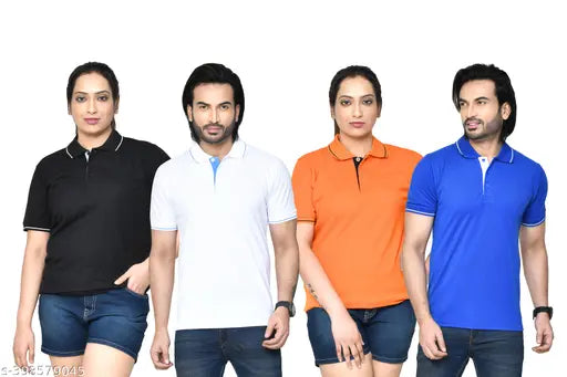 Multicolor unisex regular fit pure cotton polo t-shirts combo pack of 4 with collar neck and half sleeves, India-made casual wear