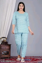 Rama green cotton printed nightsuit top & pyjama coord set - stylish women's sleepwear for casual or formal occasions, India origin