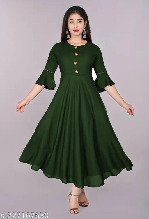Dark green rayon round flared kurti with three-quarter sleeves, perfect for casual or formal occasions. Machine washable." (124 characters)