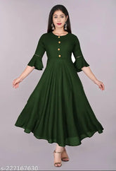 Dark Green Rayon Round Flared Kurti with Three-Quarter Sleeves, suitable for casual or formal occasions. Hand wash or machine wash care instructions apply. Single garment included in packet. Choose size two inches larger than body measurement