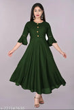 Dark green rayon round flared kurti with three-quarter sleeves, perfect for casual or formal occasions. Machine washable." (124 characters)