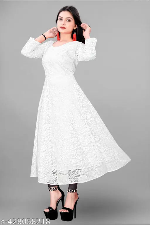 White anarkali net gown with chikankari embroidery on three-quarter sleeves, for women and girls in S-XXL sizes (Indian fabric)