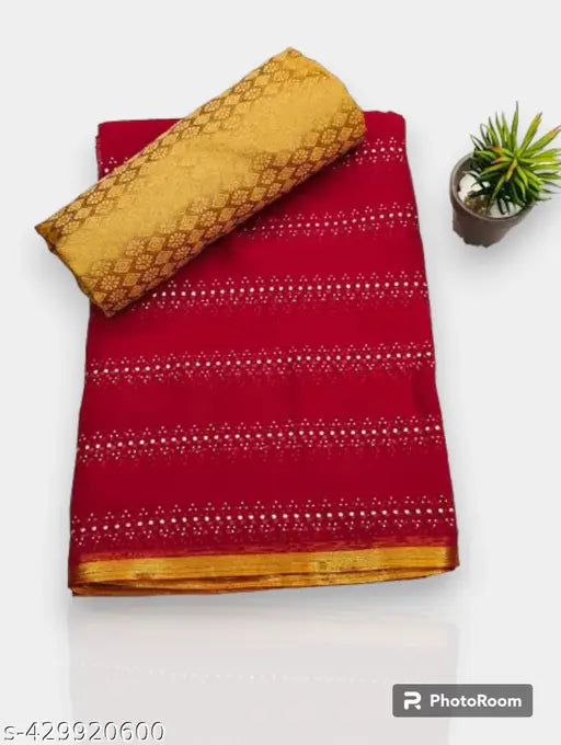 Chiffon Gold Foil Embellished Women's Saree with Separate Brocade Blouse, Printed Zari Pattern, Party Wear, Trending in Diwali & Navratri Collections