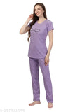 Purple hosiery cotton night suit: half sleeve t-shirt & pyjama pants set, ideal for sleepwear/loungewear. Roomy fit and elastic drawstring waist. Women's size M, L, XL, XXL, origin India