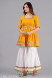 Yellow rayon sharara set with belt and neckless, featuring short sleeves, square neckline, and floral print, made in India