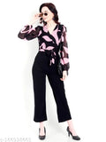 Printed Georgette winter jumpsuit for women, long sleeves, size M, NEW WINTER WEAR JUMPSUIT on mannequin