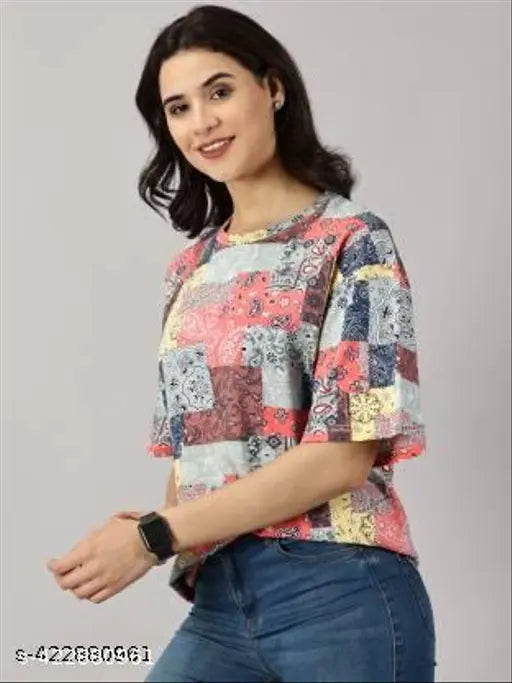 Multicolor printed cotton blend women's t-shirt with short sleeves and drop shoulder, versatile casual wear for summer vibes
