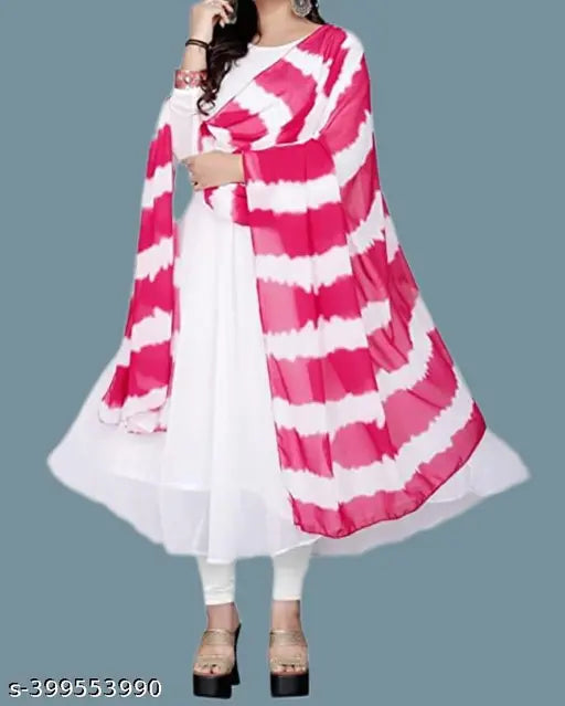 Georgette gavun dress for women, solid geometric printed dupatta, long sleeves, 4.5 meters umbrella flair, 3/4 sleeve, fancy round neck