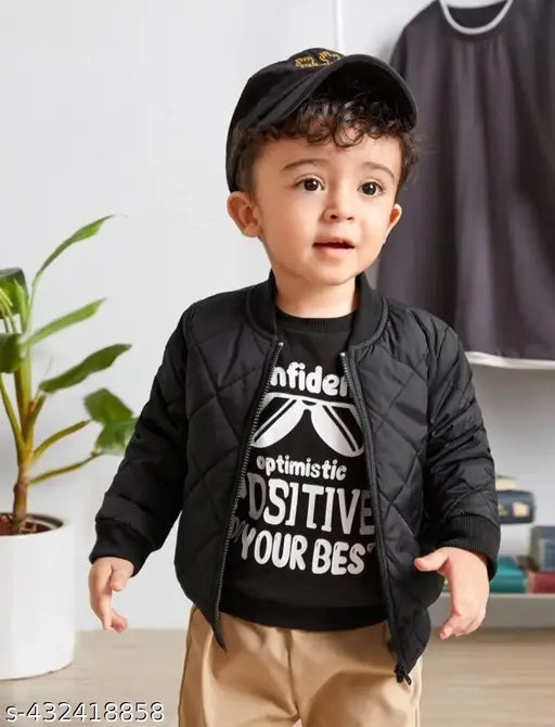 Black kids winter jacket (self-design net), made from polyester, long sleeves, pack of 1