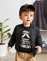 Black kids winter jacket, polyester self-design boys coat, pack of 1 for cold weather