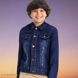 Denim kids jacket for boys and girls, solid-colored, long sleeves, full length, belted. High-quality fabric, trendy design, perfect fit. Made by Genealogy, an Indian brand offering high-street fashion